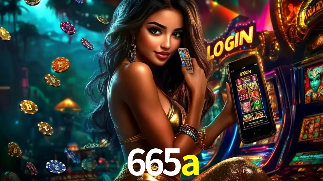 Mulher em um cenário de cassino temático de aventura, mostrando o app de caça-níqueis da 665a no celular. Fichas de apostas flutuam ao redor.