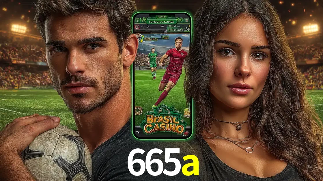 Homem segurando uma bola de futebol e uma mulher ao lado de um smartphone exibindo o jogo de apostas esportivas da 665a. Faça seu palpite no cassino online.